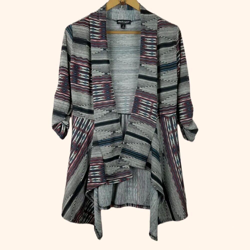 About A Girl Women USA Cardigan Aztec Print Open Front 3/4 Sleeves Size S